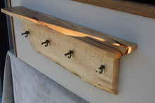 Load image into Gallery viewer, wall shelf tiger maple with four antique maple syrup taps live edge crown molding