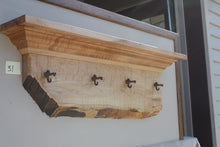 Load image into Gallery viewer, wall shelf tiger maple with four antique maple syrup taps live edge crown molding