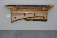 Load image into Gallery viewer, wall shelf brown maple with four antique cast iron maple syrup taps live edge crown molding log shelf supports