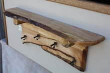 Load image into Gallery viewer, wall shelf brown maple with four antique cast iron maple syrup taps live edge crown molding log shelf supports