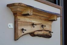 Load image into Gallery viewer, wall shelf brown maple with four antique cast iron maple syrup taps live edge crown molding log shelf supports
