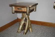 Load image into Gallery viewer, end table stand Adirondack brown maple rustic yellow birch root stump live edge dove tailed drawer
