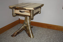 Load image into Gallery viewer, end table stand Adirondack brown maple rustic yellow birch root stump live edge dove tailed drawer