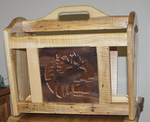 Load image into Gallery viewer, Adirondack walnut moose magazine rack tiger maple floor rustic design copper bac