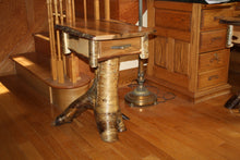 Load image into Gallery viewer, end table stand Adirondack brown maple rustic yellow birch root stump live edge dove tailed drawer