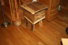 Load image into Gallery viewer, end table stand Adirondack brown maple rustic live edge two drawer bread board top  dove tailed carcass