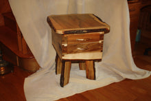 Load image into Gallery viewer, end table stand Adirondack brown maple rustic live edge two drawer bread board top dove tailed carcass