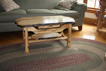 Load image into Gallery viewer, Adirondack spalted maple coffee table rustic live edge dove tailed drawer pegged through mortises rustic design