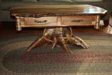 Load image into Gallery viewer, Adirondack Brown maple coffee table yellow birch root stump antlers live edge top two dove tailed drawers  rustic design
