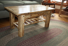 Load image into Gallery viewer, Adirondack spalted maple timber framed coffee table bread board top doe tailed drawer shelf pegged mortise and tenon