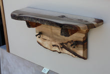 Load image into Gallery viewer, wall shelf  brown maple with three antique cast iron maple syrup taps live edges crown molding burl shelf supports