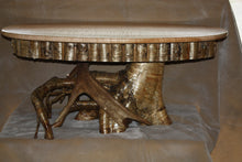 Load image into Gallery viewer, coffee table tiger maple oval top yellow birch root stump pedestal moose antler Adirondack rustic