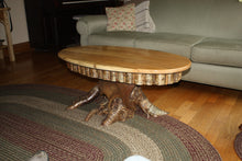 Load image into Gallery viewer, CT-12 - Oval Top Adirondack Spalted Maple Coffee Table W/Yellow Birch Root Pedestal