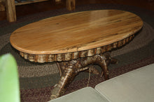 Load image into Gallery viewer, CT-12 - Oval Top Adirondack Spalted Maple Coffee Table W/Yellow Birch Root Pedestal