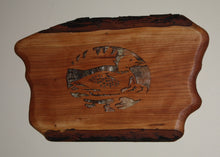 Load image into Gallery viewer, scroll saw cut loon on mountain lake birch bark backing live edge cherry with bark on wall hanging or table top display