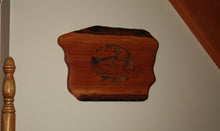 Load image into Gallery viewer, scroll saw loon on mountain lake wall hanging live edge cherry birch bark backing displayed on wall