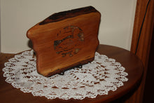 Load image into Gallery viewer, scroll saw loon on mountain lake live edge cherry birch bark backing displayed on table
