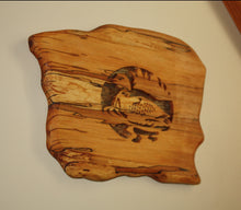 Load image into Gallery viewer, rustic Adirondack spalted maple scroll saw loon on mountain lake birch bark backing displayed on wall