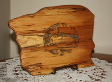 Load image into Gallery viewer, rustic Adirondack spalted maple scroll saw loon on mountain lake birch bark backing displayed on table
