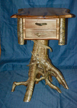 Load image into Gallery viewer, end table stand pedestal table rustic yellow birch root stump two dove tailed drawers antlers live edge Adirondack brown maple