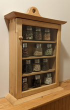 Load image into Gallery viewer, maple spice cabinet left view with 12 spice jars three per shelf shaker design framed glass door dovetailed