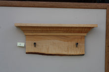 Load image into Gallery viewer, wall shelf tiger maple with two antique maple syrup taps dated 1898 live edge crown molding
