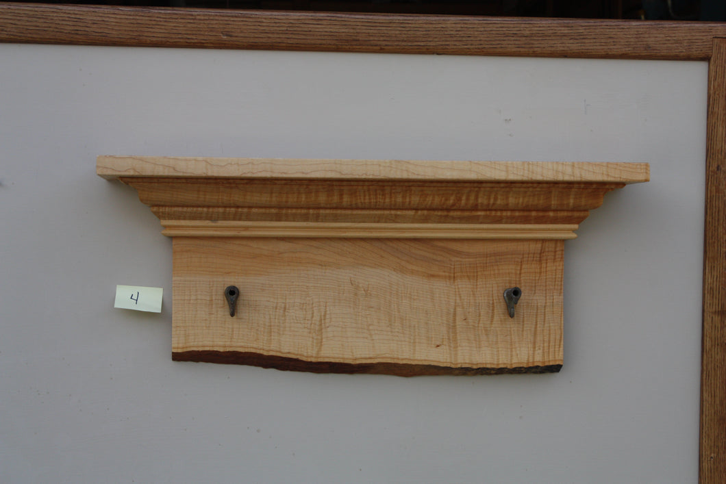 wall shelf tiger maple with two antique maple syrup taps dated 1898 live edge crown molding