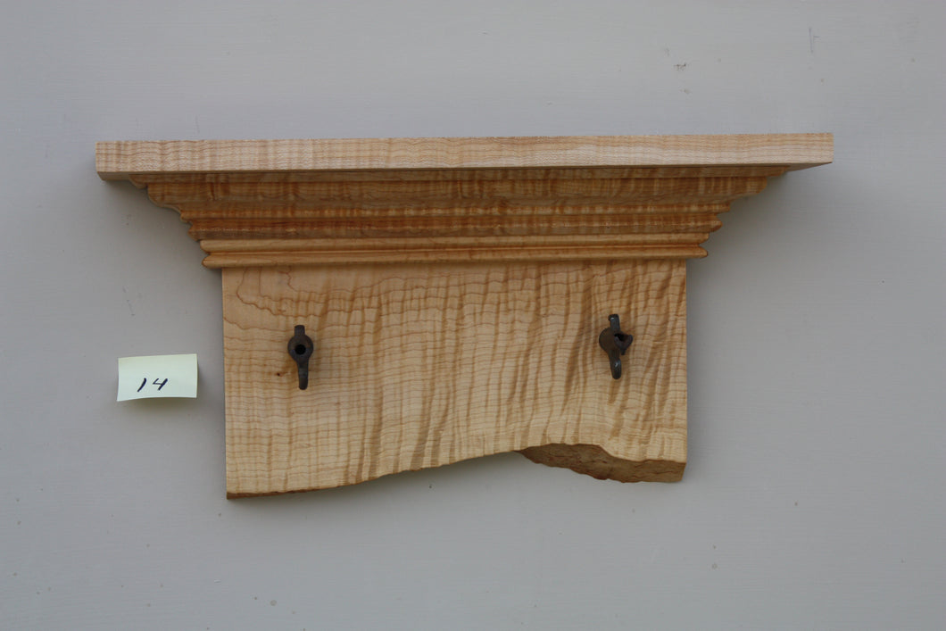 wall shelf tiger maple with two antique maple syrup taps live edge crown molding