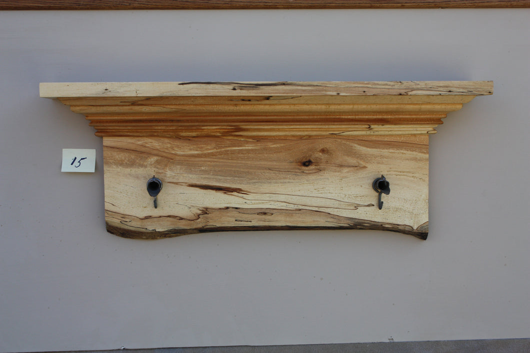 wall shelf spalted maple with two antique galvanized maple syrup taps live edge crown molding