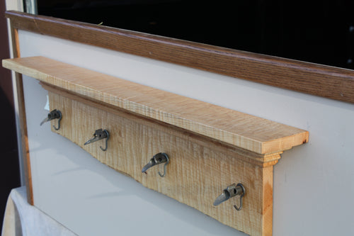 wall shelf tiger maple with four antique galvanized maple syrup taps live edge crown molding