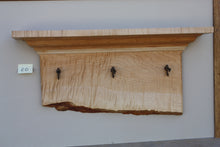 Load image into Gallery viewer, wall shelf tiger maple with three antique cast iron maple syrup taps live edge crown molding
