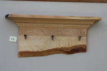 Load image into Gallery viewer, wall shelf tiger maple with three antique cast iron maple syrup taps live edge crown molding
