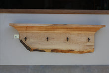 Load image into Gallery viewer, wall shelf tiger maple with four antique maple syrup taps live edge crown molding

