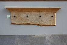Load image into Gallery viewer, wall shelf tiger maple with four antique maple syrup taps live edge crown molding
