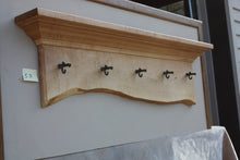 Load image into Gallery viewer, wall shelf tiger maple with five antique maple syrup taps live edge crown molding
