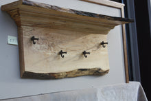 Load image into Gallery viewer, wall shelf tiger maple with four antique maple syrup taps live edge crown moldingwall shelf tiger maple with four antique maple syrup taps live edge crown moldingwall shelf tiger maple with four antique maple syrup taps live edge crown molding
