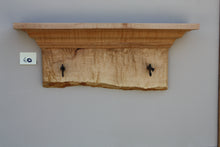 Load image into Gallery viewer, wall shelf tiger maple with two antique maple syrup taps live edge crown molding
