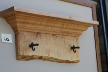 Load image into Gallery viewer, wall shelf tiger maple with two antique maple syrup taps live edge crown molding
