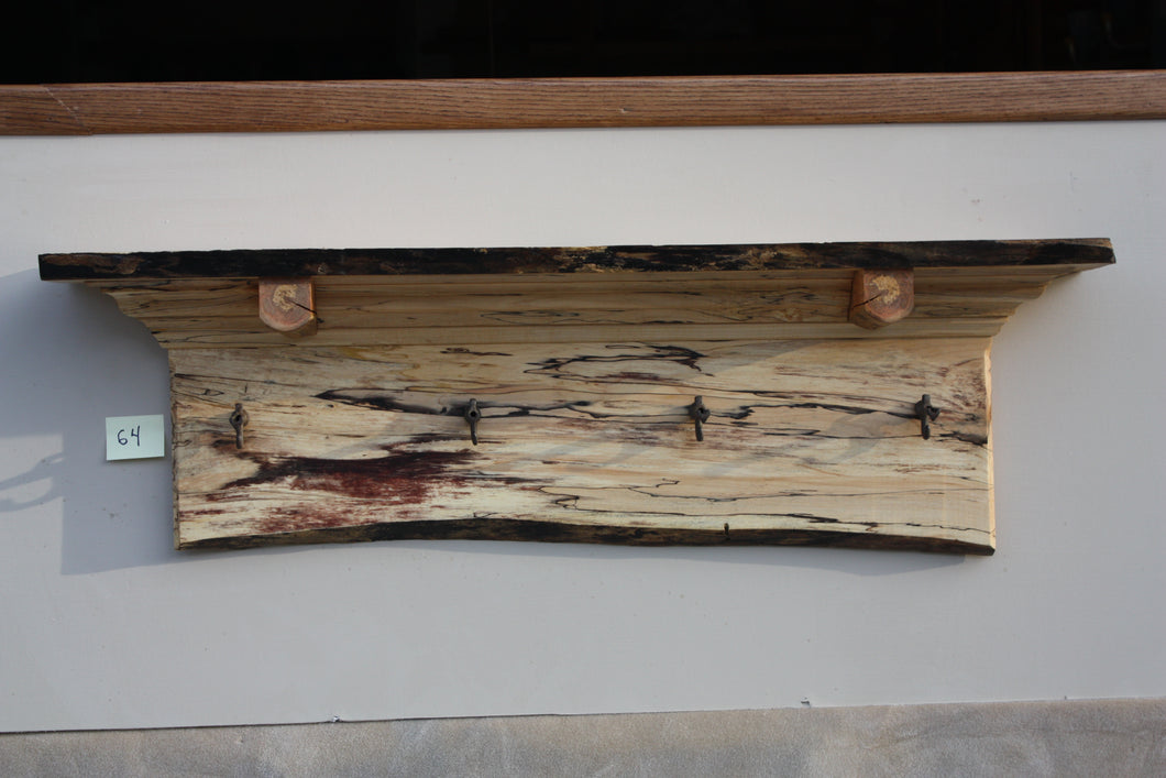 wall shelf spalted maple with four antique cast iron maple syrup taps live edge crown molding log shelf supports