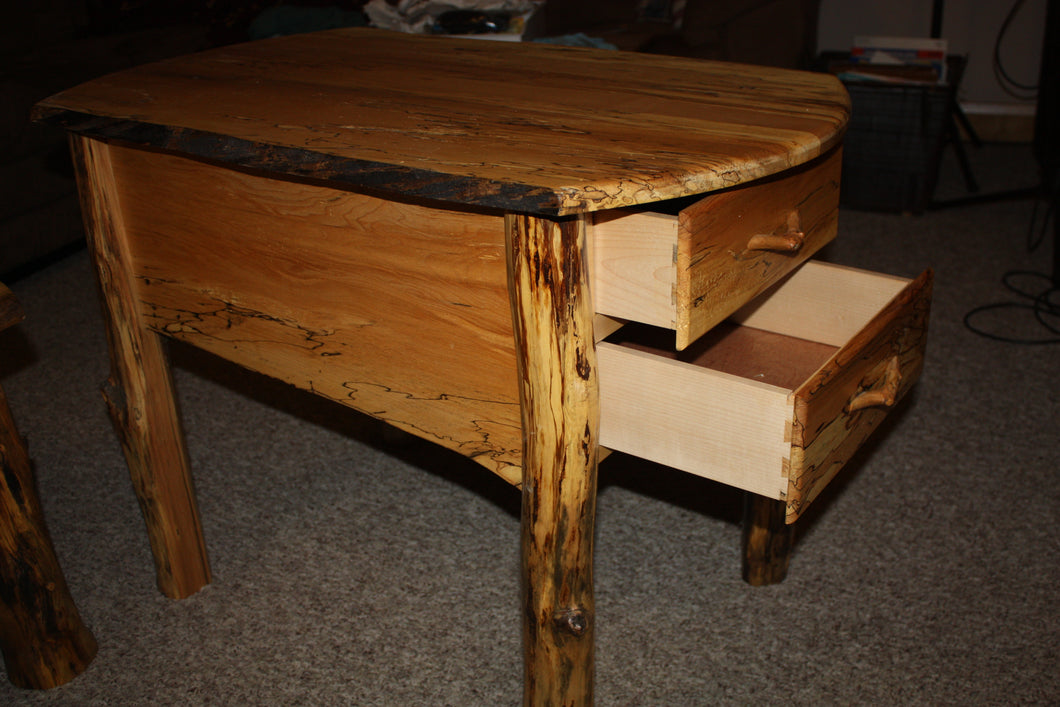 end table stand two dove tailed drawers Adirondack spalted maple log legs rustic live edge  