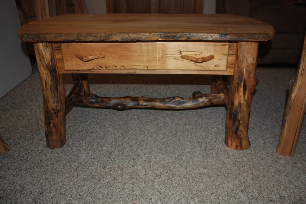 Adirondack spalted maple coffee table scribed and pegged log carcass dove tailed drawer rustic design