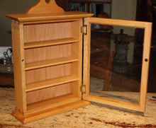 Load image into Gallery viewer, shaker oak spice or curio cabinet with door open to show shelves inside and magnetic closure, dovetailing visible on side
