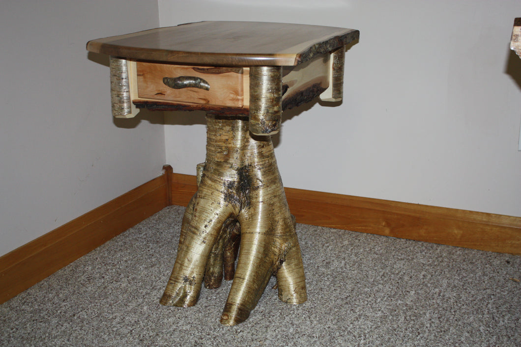 end table stand Adirondack brown maple rustic yellow birch root stump live edge dove tailed drawer