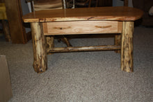 Load image into Gallery viewer, Adirondack white oak coffee table rustic live edge top scribed log legs dove tailed drawer
