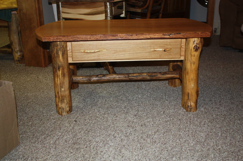 Adirondack white oak coffee table rustic live edge top scribed log legs dove tailed drawer