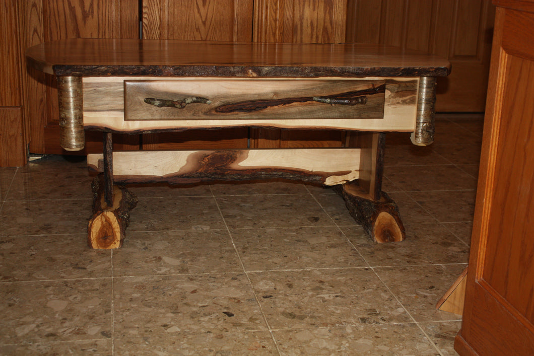 Adirondack Brown maple trestle coffee table bark on live edges dove tailed drawer
