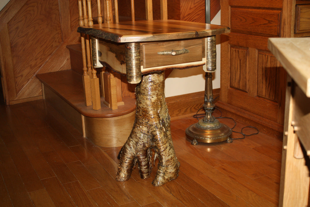 end table end stand Adirondack brown maple rustic yellow birch root stump live edge accent table