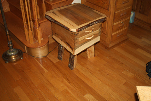 end table stand Adirondack brown maple rustic live edge two drawer bread board top  dove tailed carcass