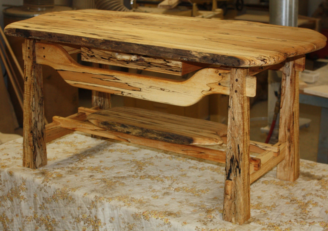 Adirondack spalted maple coffee table rustic live edge dove tailed drawer pegged through mortises Rustic design