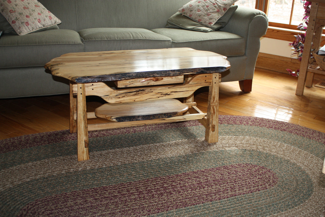 Adirondack spalted maple coffee table rustic live edge dove tailed drawer pegged through mortises rustic design
